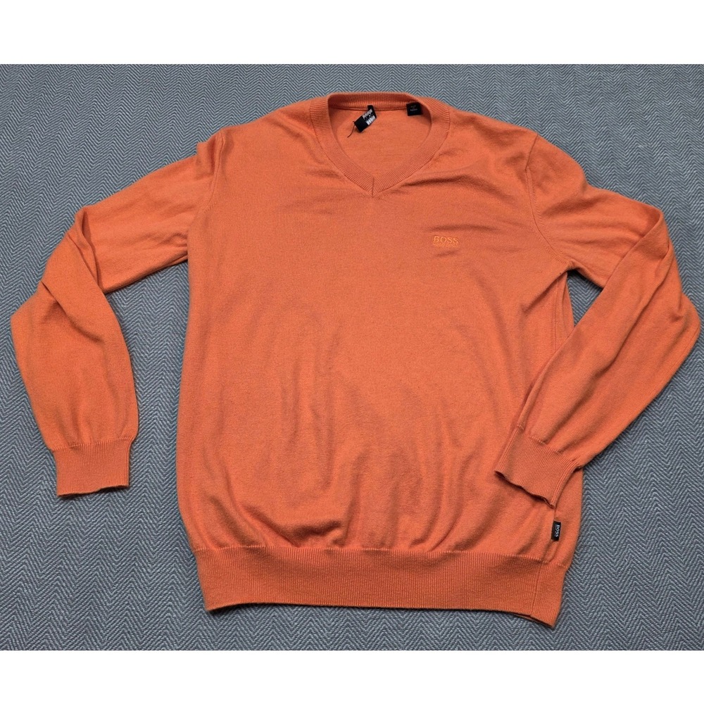Hugo Boss Mens Orange‎ V-Neck Sweater Long Sleeve Knit Logo Pullover Size M